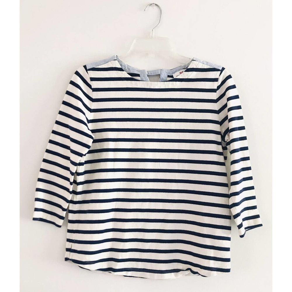 Vineyard Vines | Blouse Size XS White Stripe Top Navy Oxford Trim Pullover
